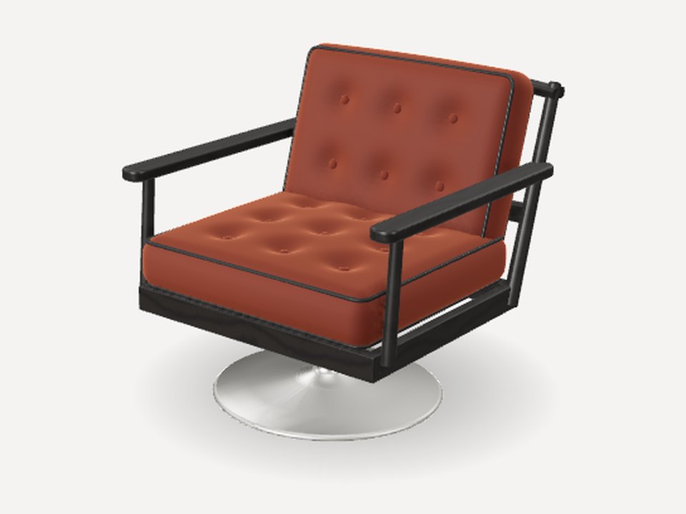 The same chair on a swivel base with tufted rust cushions