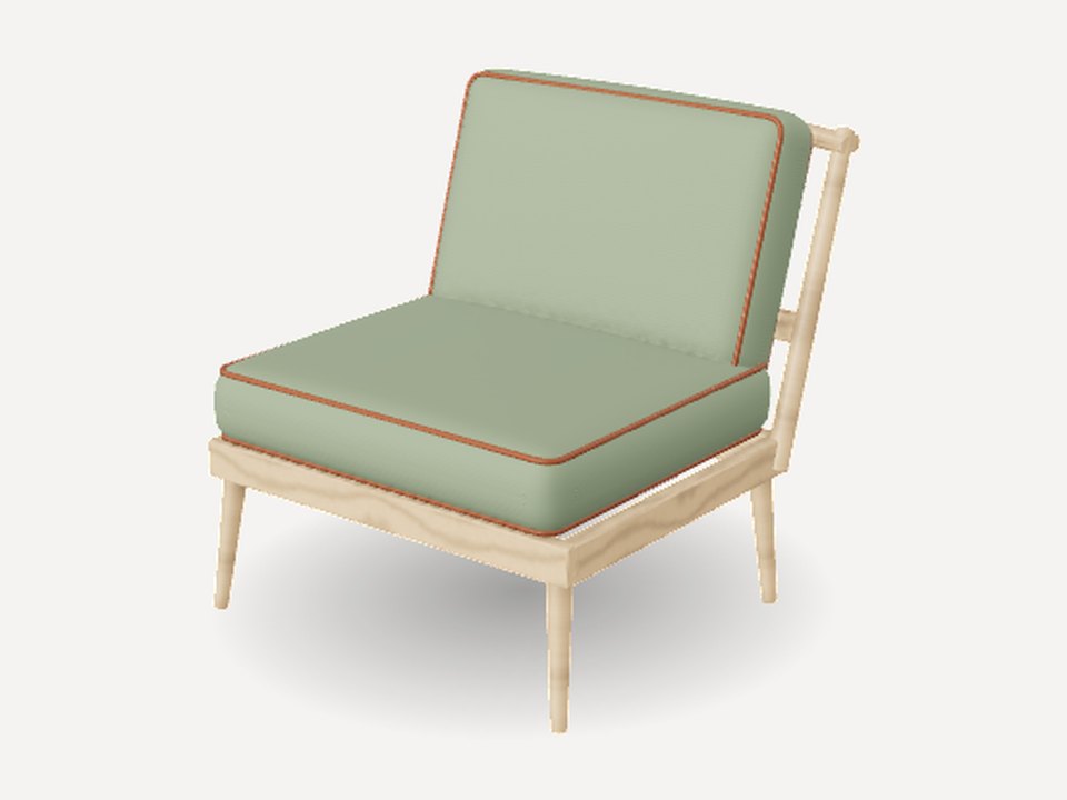 The chair in white oak with sage cushions
