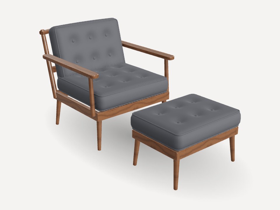 The chair in walnut and charcoal with a matching ottoman