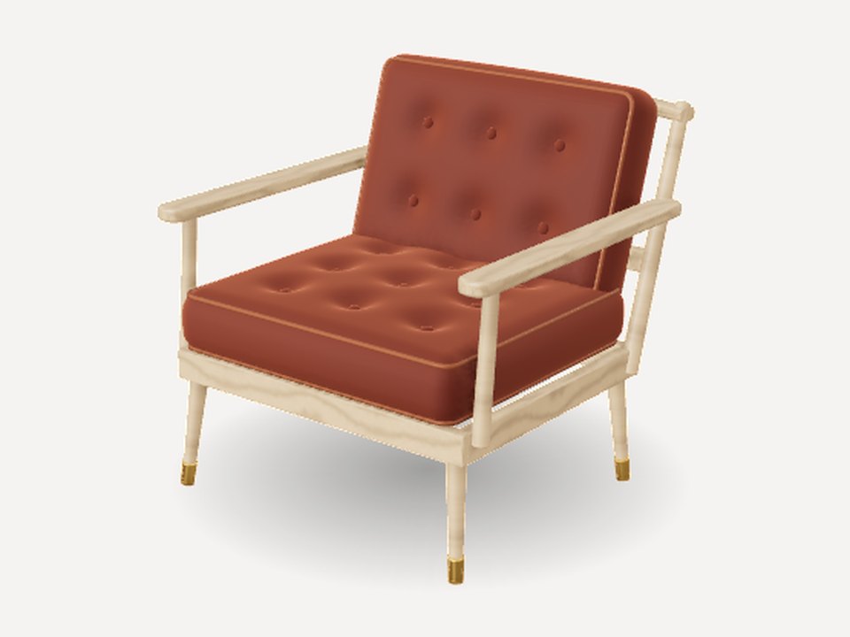 The chair in white oak with tufted rust cushions